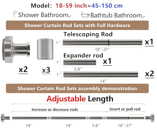 Brushed Nickel Tension Shower Curtain Rod – Adjustable 18-59 Inches, Fits 20-58 Inch Spaces, No Drill Rust Resistant Spring Rod for Bathroom, Kitchen, Bedroom, Balcony - color: Brushed Nickel, size: 18-59 inch without hooks