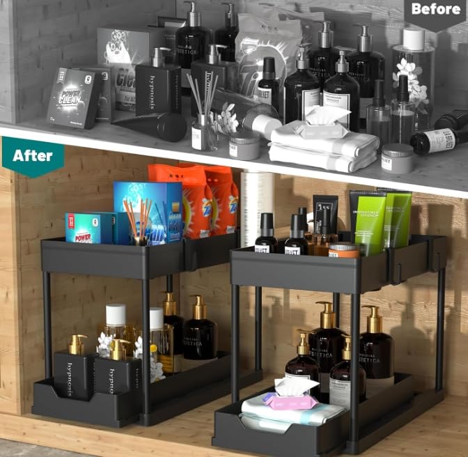 Under Sink Organizer, 2 Tier Under Sink Organizers and Storage, Slide Out Pull Out Cabinet Organizer Shelf, Sliding Drawer for Kitchen Bathroom Pantry Cabinet Closet Organization Rack.