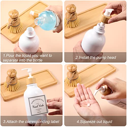 4 Pieces Kitchen Soap Dispenser Set 16 oz Dish Soap Dispenser with Bamboo Pump Soap Tray and Dish Brush Bathroom Soap Dispenser Set with Waterproof Labels for Hand Soap Dish Lotion (White) - color: White