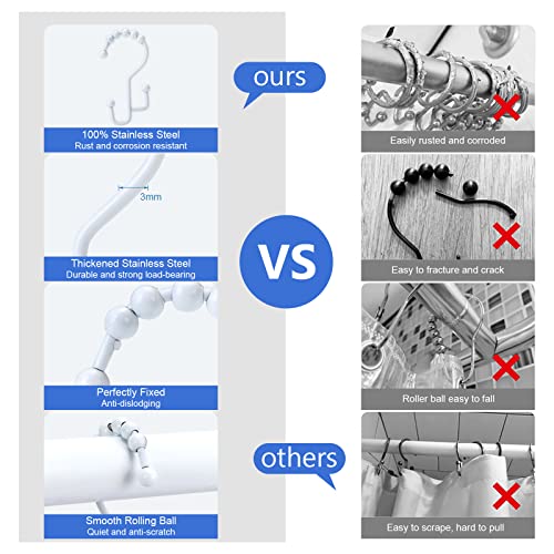 Shower Curtain Rings, SUTINE Double Shower Curtain Hooks, Rust-Resistant Metal Shower Curtain Rings, Free Sliding Stainless Steel Shower Hooks for Shower Curtains & Liners, 12pcs-White - color: White