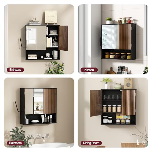 Bathroom Cabinet with Mirror & LED, Wall Mounted Bathroom Cabinet,Side Hook | Magnetic mirror Door,Detachable magnetic Light ,Adjustable Shelves,Side Hook,Open Bottom Shelf,Wood Grain,Over Toilet Mount - color: Black&walnut