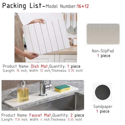 Stone Dish Drying Mat for Kitchen Counter, Quick Dry Stone Mats | 16'' x 12'', Includes 1 Dish Mat & 1 Faucet Mat - size: 16" x 12"