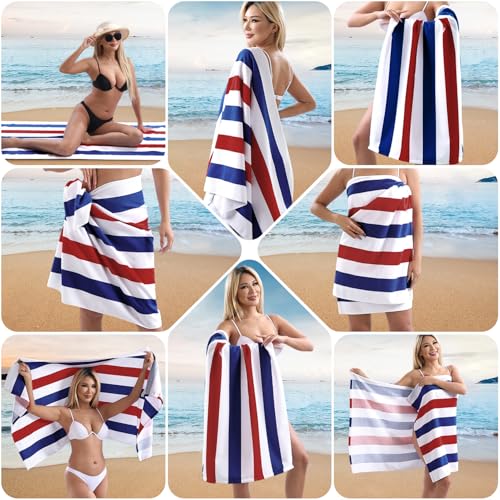 Beach Towel Set-4 Pack 30"x60" Sand Free Stripe Beach Towel for Pool,Bathroom,Soft Absorbent Quick Dry Lightweight Beach Bath Towel,Camping Blanket,Travel Towel,Beach Essentials for Adults,Red/Blue - color: Red/ Blue