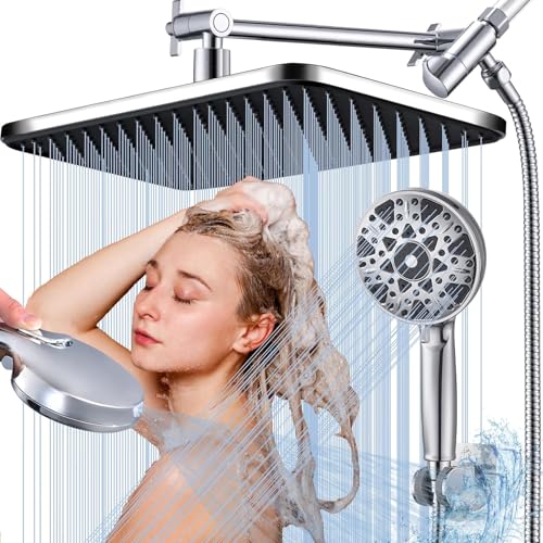 14 Inch Square Rain Shower Head Combo, 7 Settings Handheld Spray, Water Saving with Check Valve, Anti-Clog Nozzles, Tool-Free Installation for Bathroom Upgrade