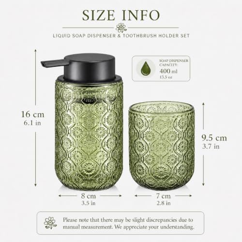 Bathroom soap Dispenser and Toothbrush Holder Set | Bathroom Accessories 2 pack cup and toothpaste holder green glass - color: Sage Green