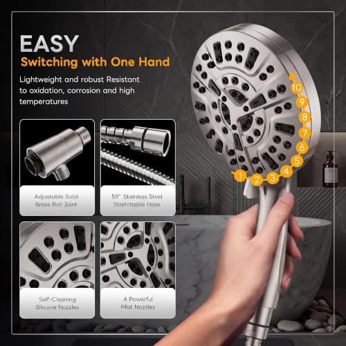Superior Handheld Shower Head with Magnetic Docking System | 10-Function High Pressure Detachable Shower Head, 5-inch Shower head with 60 Inch Hose, Remote Dock, Brushed Nickel - color: Brushed Nickel