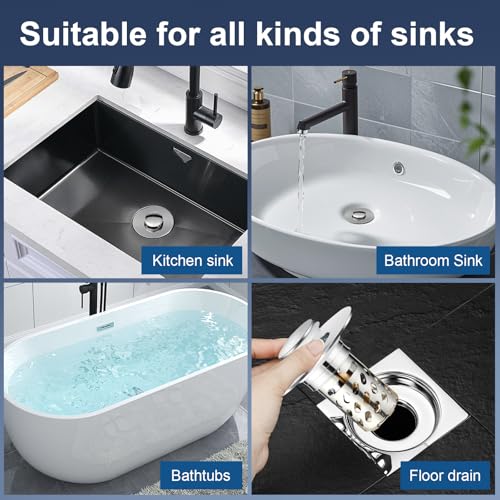 2 Pcs Bathroom Sink Drain Strainer, Universal Pop Up Stopper with Removable Stainless Steel Hair Catcher Basket