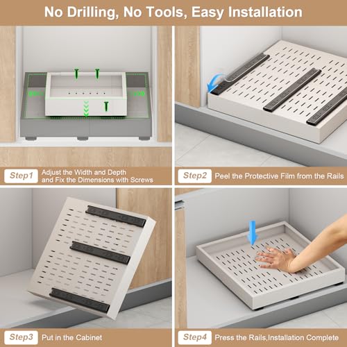 Fokyfok 2Pc Pull out Cabinet Organizer,18"-25"W,10"-13"D,Expandable | No Drill,Adjustable,Roll out Drawers,Adhesive Sliding Drawers,Slide out Shelves for Cabinets Without Lip,Kitchen,Pantry,White - size: (18"W-25"W)X(10"D-13"D)