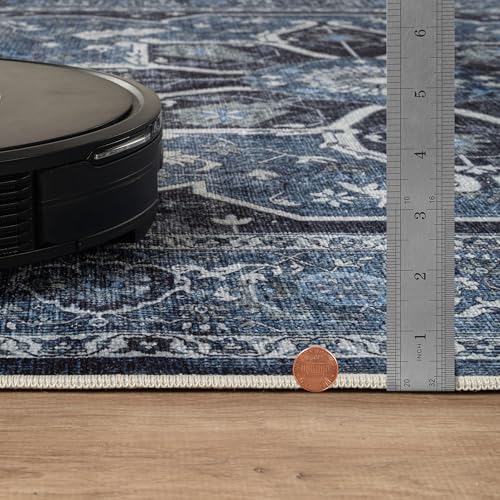 Bloom Rugs Caria Washable Non-Slip 7 ft Runner - Blue/Charcoal Traditional Runner for Entryway, Hallway, Bathroom, and Kitchen - Exact Size: 2'6" x 7' - color: Blue / Charcoal, size: 2'6" x 7' (Runner)
