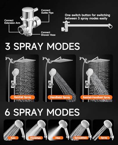 10 Inch Rainfall Shower Head with Handheld Combo and Extension Arm | Large rainfall shower head set with handheld sprayer, 11 inch adjustable arm, 59 inch hose, standard 1/2 inch wall connection - color: Polished, size: 10 Inch