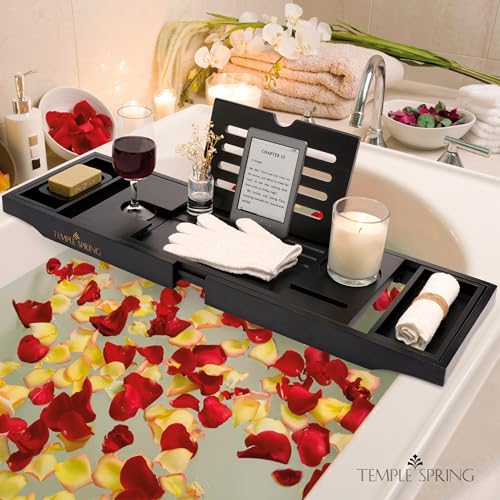 Bamboo Bathtub Tray Caddy for Tub — Expandable Wood Bath Tray with Solid Book Stand Wine Holder and Non-Slip Pads — Includes Bamboo Soap Dish and Spa Accessories — Luxury Bath Gift Set - color: Black