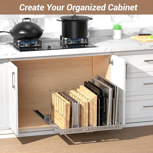 Housolution Pull Out Baking Tray and Cookie Sheet Cutting Board Organizer | 13"-22" Expandable, 21.5" Deep, 8 Adjustable Dividers, Slide Rail Design, Stainless Steel Structure, Adhesive/Screw Fixing - color: Silver, 8 Dividers, size: Large