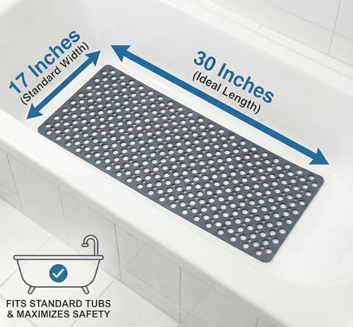 Nonslip Bathtub Mat Extra Soft TPE Bath Mat for Kids, Machine Washable Bathroom Shower Mat(Gray/ 30L x 17W Inch) - color: Gray, size: 30" x 17" (Rectangular)