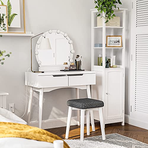 VASAGLE Makeup Vanity Set with 10 Light Bulbs and Touch Switch, Dressing Makeup Table Desk with Large Round Mirror, 2 Sliding Drawers, 1 Cushioned Stool, White URDT11WL - style: 31.5"W 2 Drawers Vanity Desk - White
