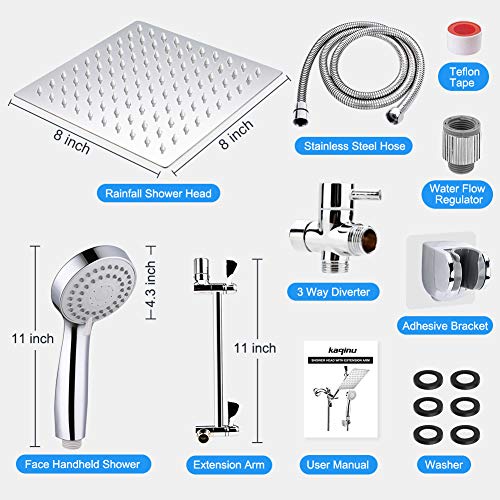 Shower Head , 8 Inch High Pressure Rainfall Shower Head / Handheld Showerhead Combo with 11 Inch Extension Arm, Anti-leak Shower Head with Holder/ Hose, Flow Regulator, Chrome - color: Silver, size: 8 Inch