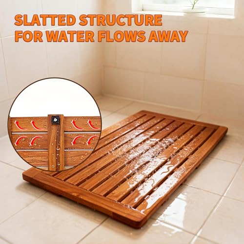 Utoplike Teak Bath Mat, Large Wood Shower Mats for Bathroom, 31.7 x17.9 in | with Non Slip Pads, Sturdy Solid Wooden, Floor Mat for Indoor Spa, Outdoor Inside Shower - size: 31.7" x 17.9" (Rectangular)