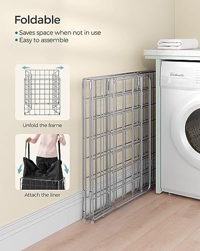 SONGMICS 29 Gal. (110L) Laundry Basket, Laundry Hamper, Collapsible Clothes Hamper, Removable and Washable Liner, Metal Wire Frame, for Bedroom Bathroom, Silver and Classic Black ULCB111B01 - color: Silver + Classic Black, size: 110 L