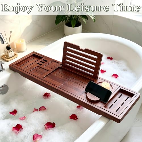 Bamboo Bathtub Tray, Expandable Foldable Bath Caddy, Walnut | 29-42" Bath Shelf Over Tub with Rotating Phone Holder, Tablet & Wine Holders, Locking Design for Spa, Bathroom & Gifts - color: B-walnut