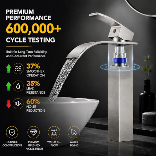 VOTON Vessel Sink Faucet Brushed Nickel Modern Tall Waterfall Bathroom Sink Faucet with Pop-Up Drain Single Handle Bathroom Faucet 1 Hole Bowl Lavatory Vanity Faucet, Rv Sink Camper Farmhouse Faucet - color: Brushed Nickel, size: Tall