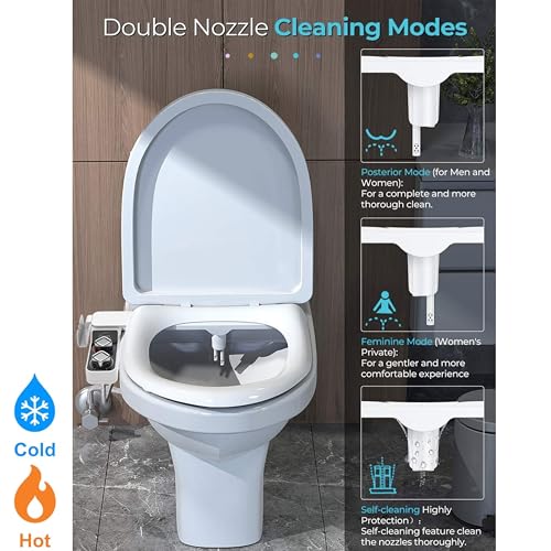Non-Electric Hot and Cold Water Bidet Attachment Warm & Cold Dual Water Sprayer for Toilet with Self-Cleaning Nozzle, Adjustable Pressure, Front & Rear Wash Easy Installation (Warm Water Bidet-509)