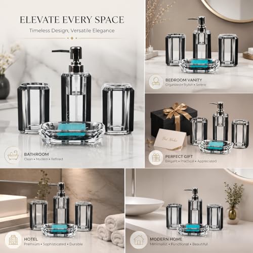 LGURT 4pc Crystal Acrylic Bathroom Set, Brushed Black Soap Dispenser | Soap dish, rinse cup & holder, with brushed black accent. For apartment, guest bath, or vanity countertop. - color: Black