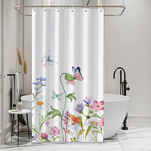AWERT Small Half Size Stall Shower Curtain with 6 Hooks 36 inch Shower Stall Curtain 36 x 72 Butterfly Wildflowers for Bathroom/RV and Camper (Butterfly) - color: Butterfly, size: 36"W x 72"L (Pack of 1)