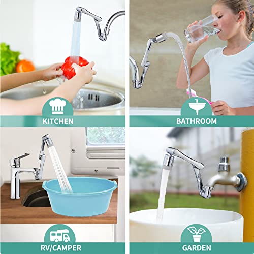 CECEFIN 1080°Rotating Faucet Extender Double Extension - Swivel Long Arm Robotic Faucet Aerator for Bathroom Kitchen Sink, Universal Spout Spray Attachment 2-Mode Outlet Face/Hair/Toddlers Hands Wash - color: E- Silver4- Long Arm Aerator