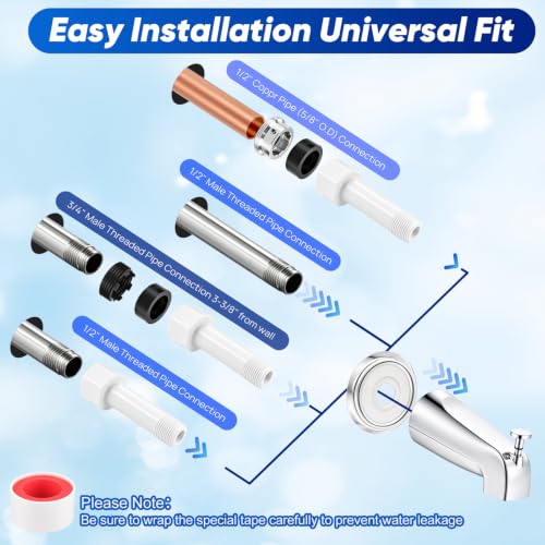 Universal Polished Chrome Tub Spout with Diverter, Metal Cover and Adapter | Pull Down Bathroom Tub Faucet Replacement, for 1/2" Copper Pipe, 1/2" IPS & 3/4" IPS threaded, Bathtub Spout with Hex Wrench - color: Chrome