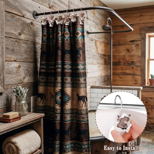 12 Pcs 4 Style Highland Cow Shower Curtain Hooks Rustic Farmhouse Western Decorative Shower Hooks Resin Metal Double Material No-Rust Sliding Curtain Rings for Bathroom Decor for Cow Lovers