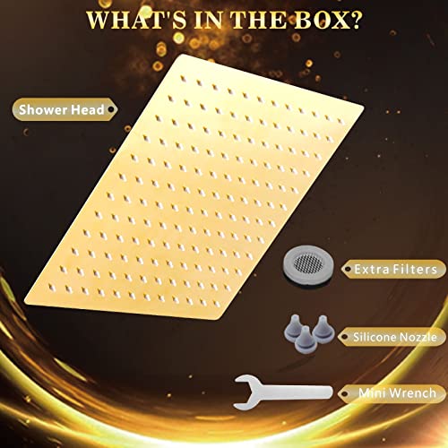 Voolan Rain Shower Head - High Flow Large Rainfall Shower Heads Made of Stainless Steel - Waterfall Bathroom Square Showerhead - Ceiling or Wall Mount (12" Gold) - color: Golden, size: 12 Inch