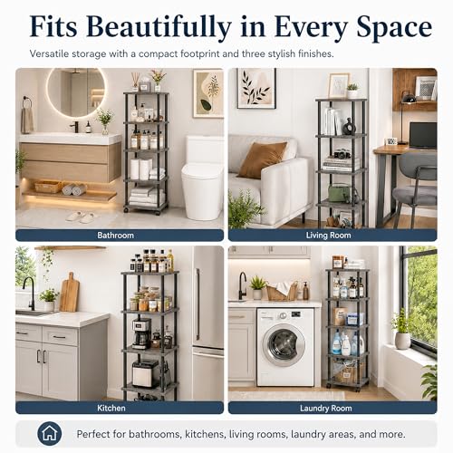 5-Tier 50.4" Tall Oak Grey Bathroom Shelving Unit with Wheels | Wood Finish, Metal Frame, Rolling Narrow Open Shelf Design, for Laundry Room, Kitchen, Living Spaces, Easy to Move - color: Oak Grey, size: 5-Tier