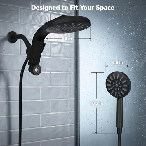 High Pressure Rain Shower Head Combo with Magnetic Handheld Black | Dual Shower System with Rainfall Showerhead and 8-Spray Handheld, Magnetic Dock, Adjustable Angle, Power Jet for Cleaning - color: Black