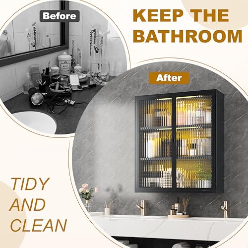 Metal Bathroom Wall Storage Cabinet,Hanging Medicine Cabinets with 2 Glass Doors,Black 3-Tier Over The Toilet Cabinet Wall Mounted,Wall Cabinet for Bathroom Laundry Room Kitchen - color: Black New