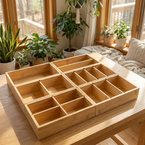 Bamboo Drawer Organizer with Removable Dividers, Fits Kitchens, Bathrooms, Desk, Utensil, Makeup (Natural, S) - size: S