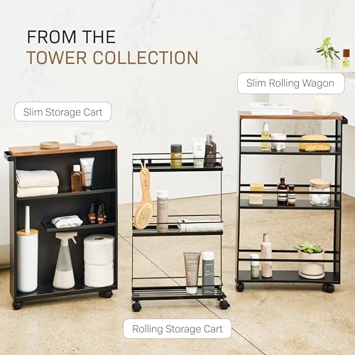 YAMAZAKI Home Slim Rolling Storage Cart – Narrow Bathroom Storage Cabinet with Handle, Slim Bathroom Storage Cart with Wheels, Easy Assembly, Steel + Wood, Black - color: Black