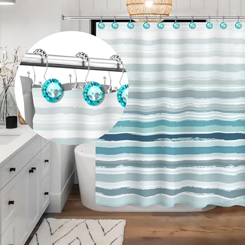 Sunlit Luxury Design Round Teal Blue Diamond Crystal Gem Bling with Glide Balls Double Shower Curtain Hooks for Mermaid Shower Curtains, Rust Proof Metal Rhinestones Glam Shower Curtain Rings-12 Pack - color: Teal With Double Hooks