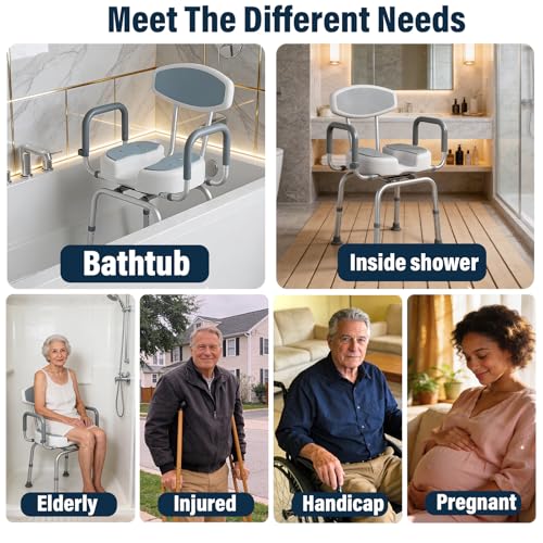 U Shaped Swivel Shower Chair with Arms & Back Support | 360° Rotating Bath Seat, Adjustable Width & Height, For Elderly Disabled Adults, 330 LBS Weight Capacity