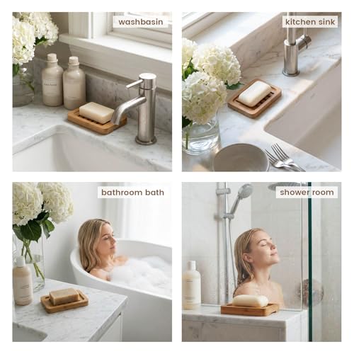 2PCS Self Draining Soap Holders, Rustic Slotted Bamboo Dish Tray, Easy Cleaning Wooden Soap Dish for Shower, Bathroom, Kitchen Sponges, Bath Tub, Packed in A Case (Acacia Style) - color: Brown
