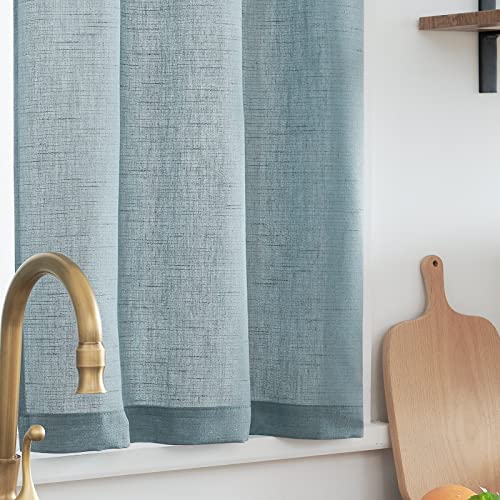 jinchan Kitchen Curtains and Valances Set 3 Pieces Linen Tiers and Valance 24 Inch Cafe Curtains with Valance Rod Pocket Farmhouse Small Drapes Set Rustic Country for Laundry Room Bathroom Blue | Light filtering, rod pocket, cafe curtains, farmhouse, mach