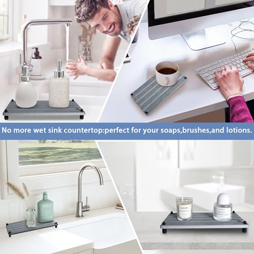2 PCS Water Absorbing Stone Trays for Bathroom Sink Fast Drying Coasters | 9.5" x 4.7", Faucet Mat for Kitchen Sink, Diatomite Sink Caddy, Hand Soap Holder with Feet, Diatomaceous Earth, Vanity Tray - color: 9.5" X 4.7" Grey
