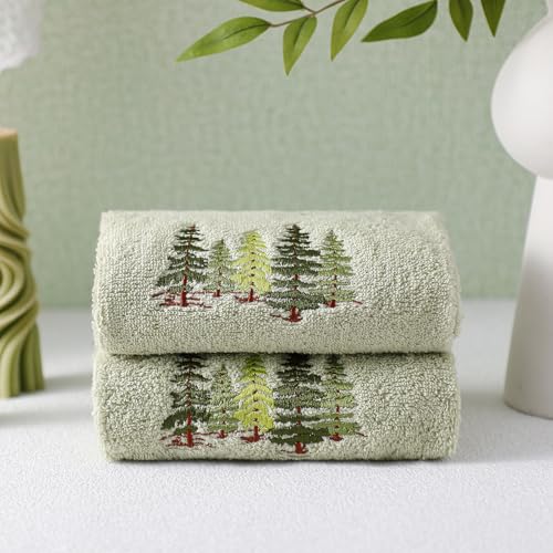 SmoothNovelty 2 Pcs Forest Hand Towels Gray Green Bathroom Decor 14x29 Inch Embroidered 100% Cotton Soft Absorbent Nature Scene Decorative Hand Towels for Bathroom Kitchen - style: Forest