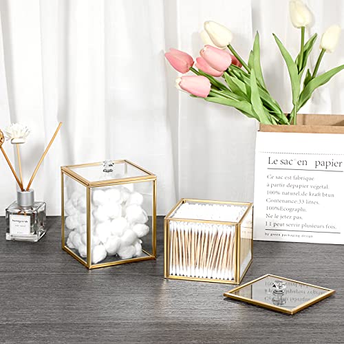 Hipiwe 2 Pack Glass Qtip Holder Dispenser With Lid Gold Bathroom Containers | Vanity Canisters for Cotton Balls Makeup Sponges Bath Salts Candles, Countertop Storage Organizer Jar