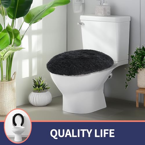 Soft Microfiber Toilet Lid Cover 17.5" x 15" Machine Washable | Solid Toilet Seat Cover Adjustable Rubber Backing Fits Most 16 -17.5" L x 14-16" W Round Oblong and Elongated Toilet Seat - color: Black