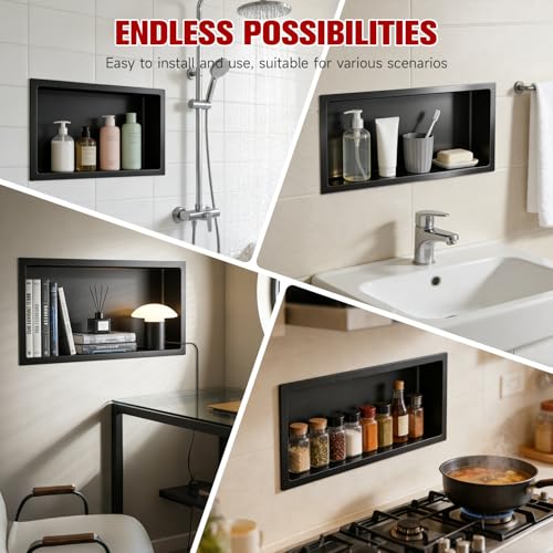 VELPAX No Tile Needed Shower Niche 12"X 24", Bathroom Wall Niche Single Shelf, Stainless Steel Shower Niche for Bathroom, Kitchens, Balconies - color: Black, size: 12"X 24" Single Shelf