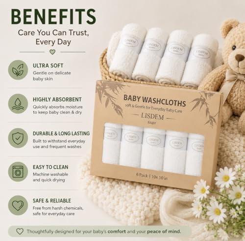 Bamboo Baby Washcloths, 6 Pack Soft & Absorbent Baby Wash Cloths for Newborns, Infants & Toddlers, Gentle Baby Face Towels for Bath Time, Feeding, Burping & Everyday Care, 10 x 10 Inches.
