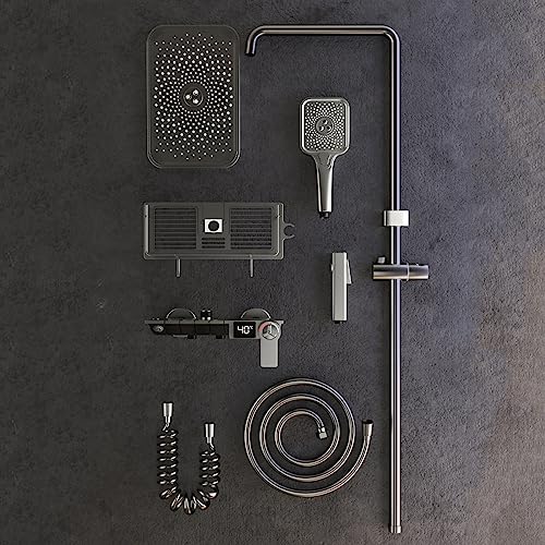Thermostatic Shower System Gray Digital Display Shower Faucet Set 4 Function Shower Fixture with Rain Shower Head,Hand Shower,Handheld Spray,Wall Mounted Tub Fauce
