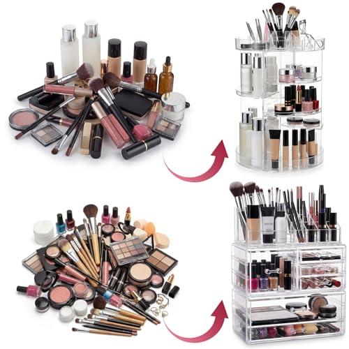 Canchiing Acrylic Makeup Organizer Set, 360 Rotating Makeup Organizer, Clear Drawer Vanity & Countertop Cosmetic Storage for Brushes, Jewelry, for Vanity, Bathroom, Bedroom, Closet