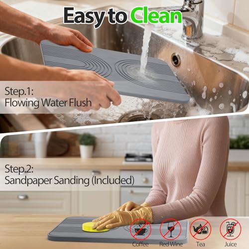 2 PCS Stone Dish Drying Mat & Silicone Mat for Kitchen Counter – Diatomaceous Earth Bath Mat for Bathroom, 16.14"L×12.4"W×2 Quick Dry Mats for Dishes ,Bottles, Cups, Match Any Countertop(Gray) - color: Gray