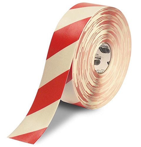 Mighty Line Diagonal Chevron Floor Marking Tape, 3 in White and Red | 100 ft Roll, for Workplace Safety, Caution, Warning, Hazard, Industrial Quality, Peel and Stick Adhesive Application - size: 3 inch, style: White With Red Chevrons