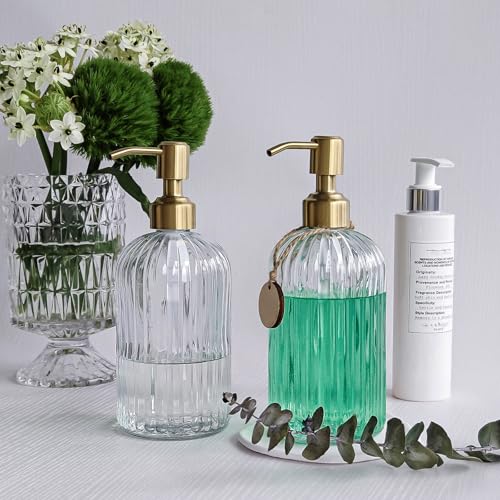 JASAI 2PACK 18Oz Fluted Glass Soap Dispenser with Golden Rust Proof Pump, Refillable Kitchen soap Dispenser with Vertical Stripe, Bathroom Soap Dispenser for Dispense Hand soap, Dish Soap, Lotion. - color: Clear-golden Pump-2p, size: 2 Pack